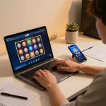 Engaging in lv88 đăng nhập online gaming session using laptop and smartphone at home.