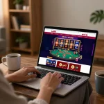 Player engaging in exciting Lu88 online casino games on a laptop in a cozy home setting.