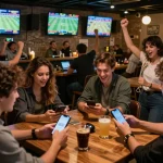 MAX88 players cheering during an exciting sports betting session at a lively bar.