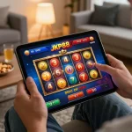Player enjoying thrilling jkp88 online gaming session on tablet in cozy home environment.
