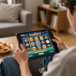 Engaged player spinning Lucky88 slot on a tablet in a cozy home setting.