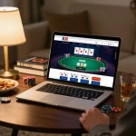 Engaging gaming scene of a cozy home setup with a player focused on vip79 poker gameplay on a laptop.