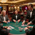 nk88 players engaging in blackjack strategy at an upscale casino tables with vibrant atmosphere.
