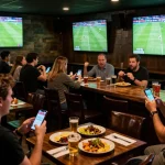 Bong88v users enjoying intense sports betting experience at a lively sports bar with multiple screens showing live matches.