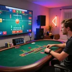 Player using online casino app to engage with scap features, enjoying blackjack in a vibrant home setup.