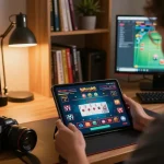 Miso88 user enjoying online gaming on a tablet in a cozy home setup, showcasing strategic gameplay.