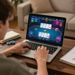 Engaging in an exciting Link vào Five88 online poker game on a laptop in a cozy home setting