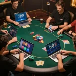 Players engaged in an online poker game on Jun88 com, showcasing vibrant chips and cards.