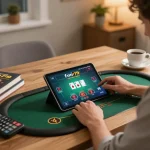 Player engaging in online poker gameplay at fun79 with ambient lighting and strategy notes.