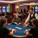 Players engaging in dynamic poker gameplay at BL555 casino with vibrant atmosphere and luxurious decor.