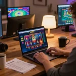 Player engaging with qq8827 online casino on laptop, showcasing colorful game interface in cozy home setting.