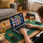 Engaged user enjoying the online gambling experience with 78win on laptop in a cozy home setting