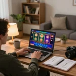 Player engaging in online casino games on laptop, showcasing the lu88xz interactive gaming experience in a cozy living room.