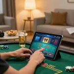 Player engaging with online poker game on tablet at home while using the j188 app, showcasing a cozy atmosphere.