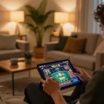 Engaged player enjoying 11bet online casino experience on a tablet in a cozy living room setting.
