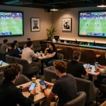 Kèo nhà cái hôm nay showcased in a vibrant sports betting lounge with fans placing bets and cheering