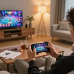 Engaging in PP9Win Sign up on a smartphone in a cozy living room setting, showcasing a dynamic online gaming experience.