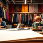 Custom Clothing Manufacturer showcasing artisans crafting unique garments in a vibrant workshop.