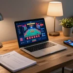 Engaging in online gambling with Da88 interface glowing on laptop, strategic notes beside.