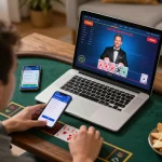 Engaging in a live dealer game on mm88star from a cozy home setup, showcasing strategic online gambling.