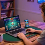Engaging in online gaming at trang chủ SC88 with a live dealer setup on a laptop.