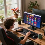 MAY88 online gaming experience with colorful slots and poker games displayed, cozy setup