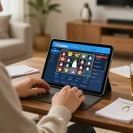 Engaging in 918kaya gaming with deposit and withdrawal tips visible on tablet screen, cozy home environment.