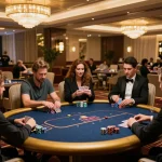 kp88 vip members strategizing in an elegant casino VIP room during a poker game.