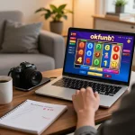 Engaged player enjoying okfunb slots on a laptop in a cozy home setting