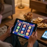 Player enjoying online slots on sapporo-dogscafe, relaxed home setting with snacks and smartphone nearby.