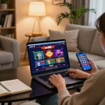 Player engaging with Lu88 casino online through laptop and smartphone in a cozy home environment