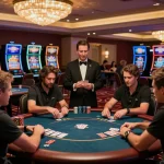 Players enjoying poker at HELLO88's upscale casino floor, immersed in the thrilling game.
