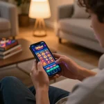 Engaged player enjoying 789bet mobile casino games on their smartphone in a cozy home environment.