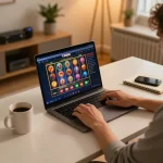 Engaged player exploring the Link nhà cái Tx88 online casino interface from a cozy home gaming setup.