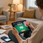 Playing poker on a tablet at home, showcasing kp88 vip gaming strategy.
