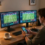 LUCKY88 player engaging with live betting app, showcasing excitement in a cozy home office setting