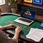 Tài Xỉu online gameplay setup showcasing a player analyzing strategies and engaging in betting.