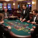 Experience the excitement of Trang chủ Sky88 with players at a roulette table in a lively casino.