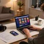 Person engaging in online gaming at PH22 using a laptop, highlighting modern gambling strategies.