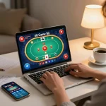 Playing 68 Game Bài online on a laptop in a cozy home setting with strategy notes nearby.