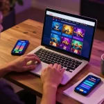 Engaged user betting on lc88pro with vibrant online casino interface on laptop and smartphone.