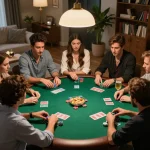 Friends enjoying an exciting home poker game experience with ok8386 gaming strategies visible on the table.