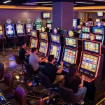 Engaging players at slot gacor machines celebrating wins in a vibrant casino atmosphere
