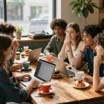 Young adults sharing stories about their crush on each other in a lively café setting.