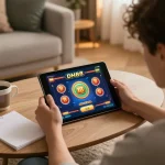 Engaging in DH88 online casino gaming with tablet showing vibrant interface in a cozy home setting.
