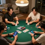 Engaged players enjoying a friendly poker game on the 9betgame mobile app in a cozy home setting.