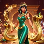 Experience exhilarating gameplay at xx88 with a captivating woman and her golden cobra companion in a vibrant casino-themed illustration.