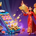 Engage with 68WIN đăng nháºp in a vibrant 3D casino scene featuring a woman in traditional dress.