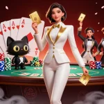 Engaging scene showcasing HELLO88 with a glamorous dealer, cat character, and poker elements highlighting an exciting gambling atmosphere.
