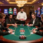 Tic88 players strategizing in an intense poker game, chips visible, luxurious casino atmosphere